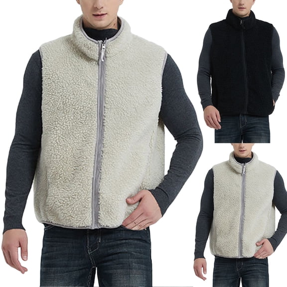 Miluxas Mens Fleece Lined Cotton Vests Full Zip Up Outwear Waistcoat Sleeveless Jacket with Pockets White