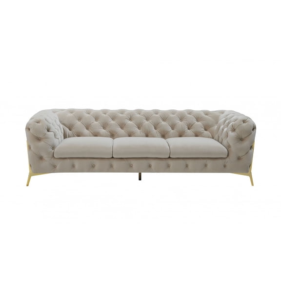 Contemporary 97" Beige Velvet And Gold Accent Sofa