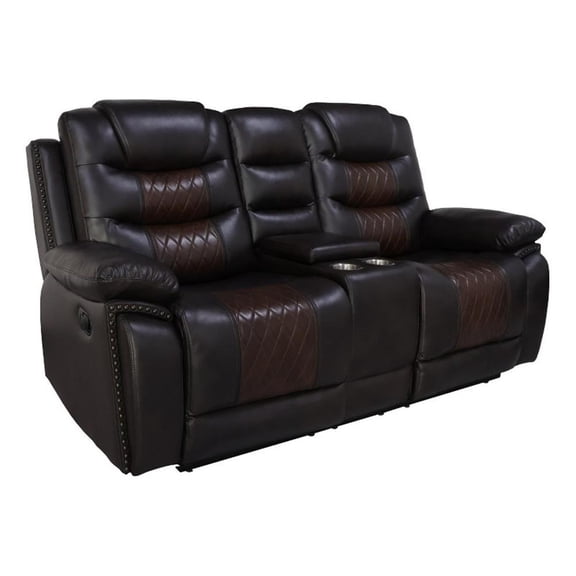 Benjara Asher 74" Loveseat with Power Recliners- Console- Brown Faux Leather