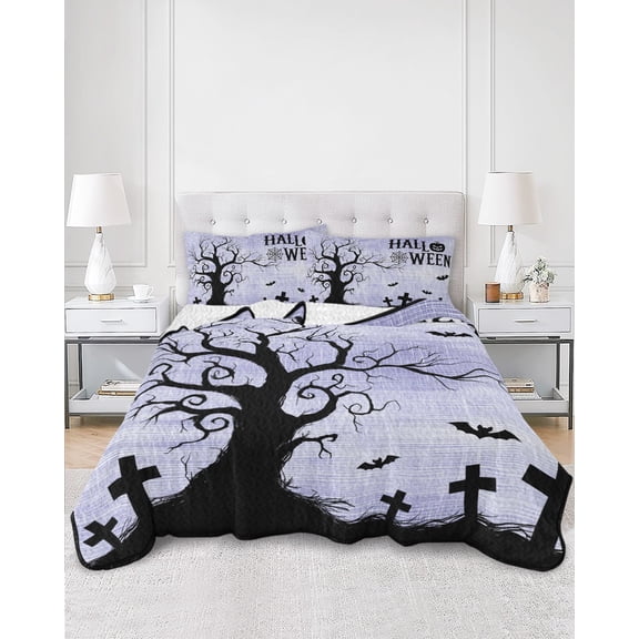 Quilts Queen Size, Halloween Soft Comforter Bedding Set for Bed, Vintage Fall Pumpkin Trees Bats Horror Purple Lightweight Quilted Bedspread with Pillow Cover(2 Pieces) for All Season, 90x96 Inch