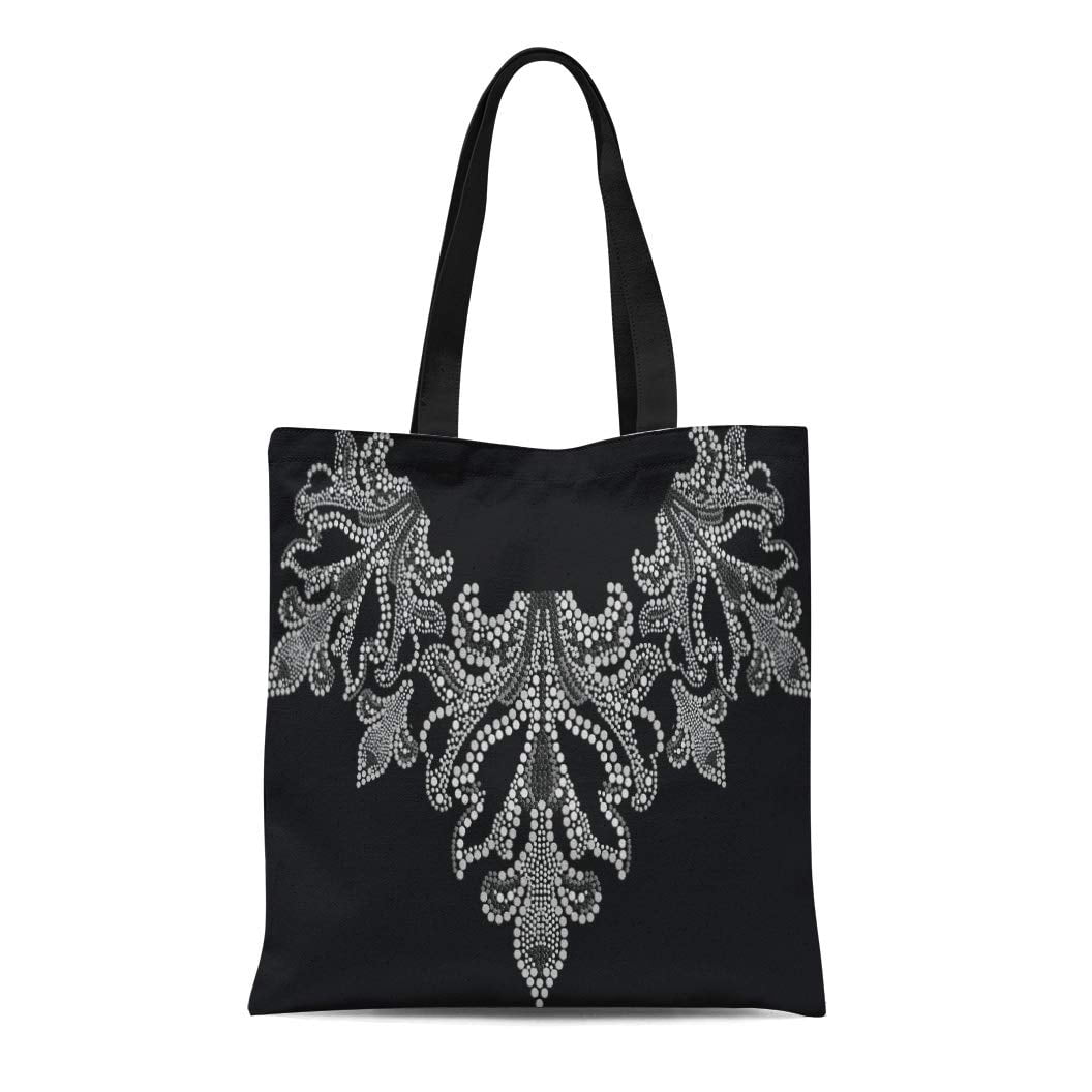 ASHLEIGH Canvas Tote Bag Silver Applique Rhinestone Crystal Abstract Brilliant Brooch Diamond