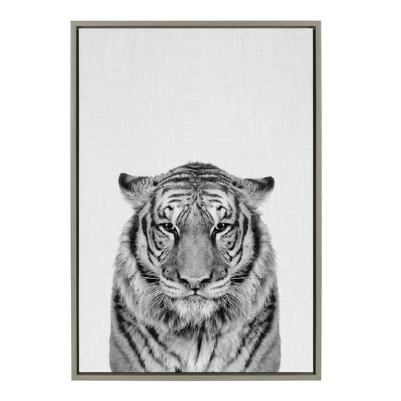 Kate and Laurel Sylvie Tiger Portrait Framed Canvas Wall Art by Simon Te of Tai Prints, 23x33 Gray, Black and White Animal Art for Wall