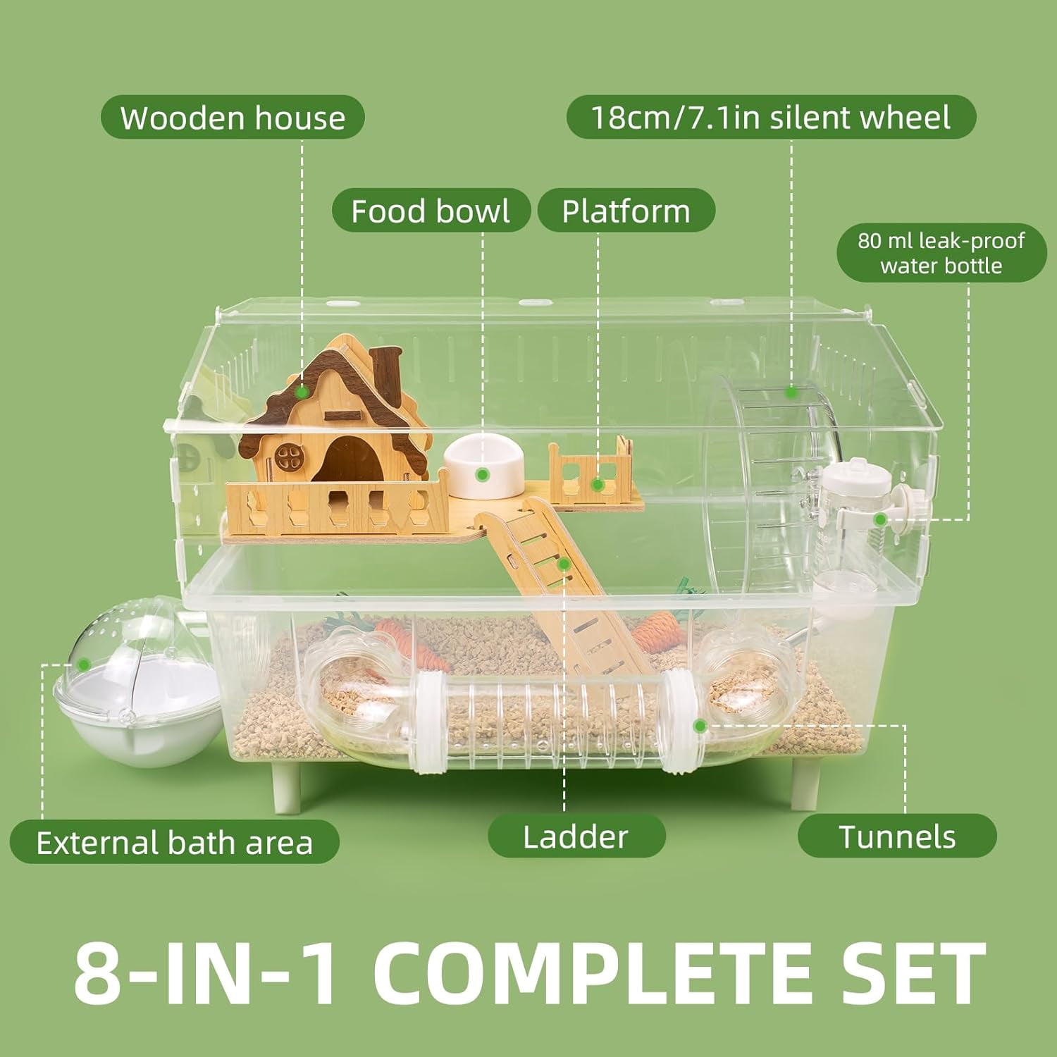 Clear Acrylic Hamster Cage, Dwarf Hamster Cage, Mouse Cage, Gerbil Cage - All-in-One Hamster Habitat with 18cm Silent Wheel, Tubes & Full Kit, 17.7×11.8×13.8" for Dwarf Hamsters, Mice, Gerbils