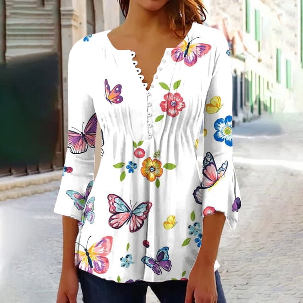 ICHUANYI Liquidación Mujer Cuello en V Casual Manga 3/4 Floral Impreso Túnica Camisas Verano Camisas Básicas Blusa Plisada ICHUANYI WER202308230618