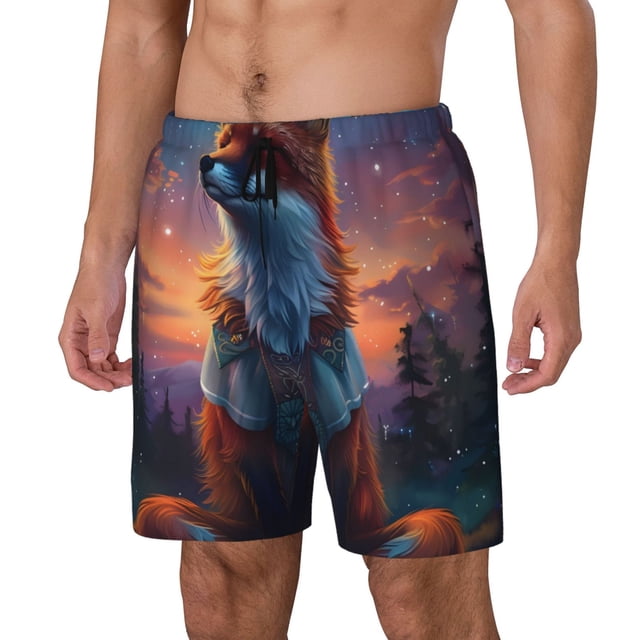 Fotbe Starry Sky Meditating Fox Traje de Baño para Hombre – Shorts de Natación de Secado Rápido con Forro y Bolsillos-Medium