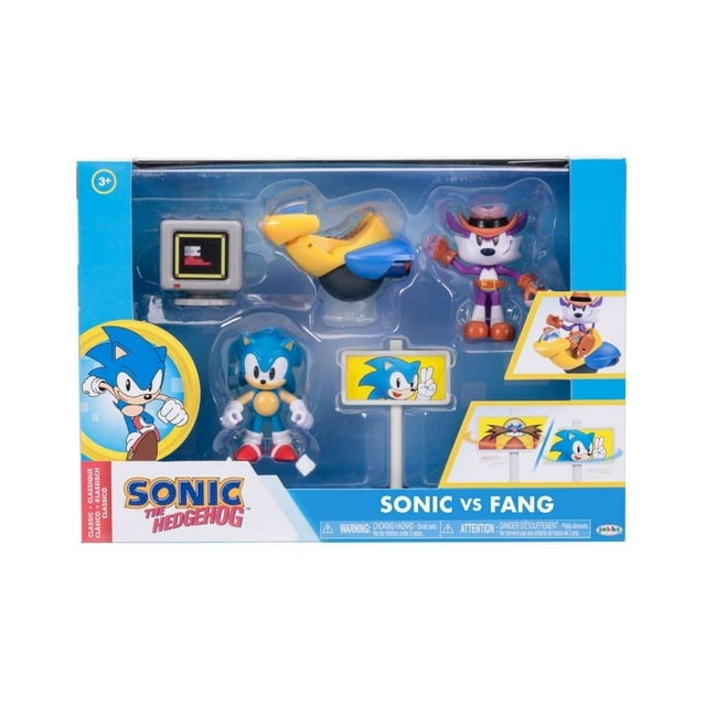 set de figuras sonic 2.5 pulgadas paquete surtido con figura de Sonic y figura de Fang, accesorios (mini pantalla retro y vehículo amarillo) visibles en caja con ventana transparente y gráficos azules; ideal como figuras de acción coleccionables para exhibir en escritorios o repisas.
