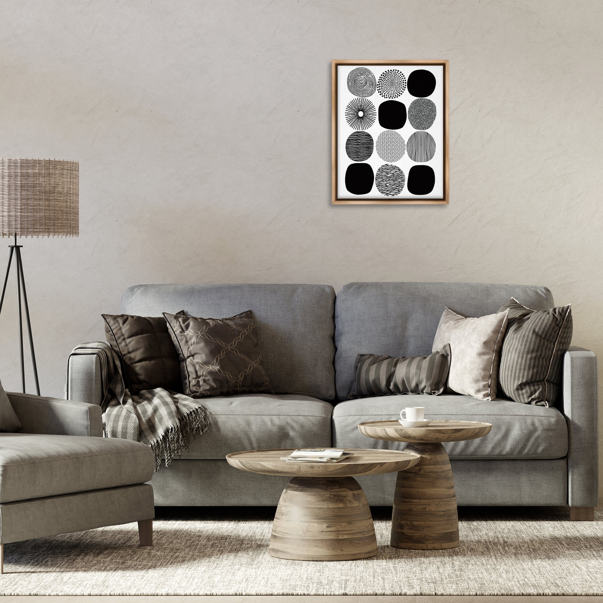 Stupell Industries Black & White Pattern Circles Abstract Painting Brown Floater Framed Canvas Art Print Wall Art, 17 x 21