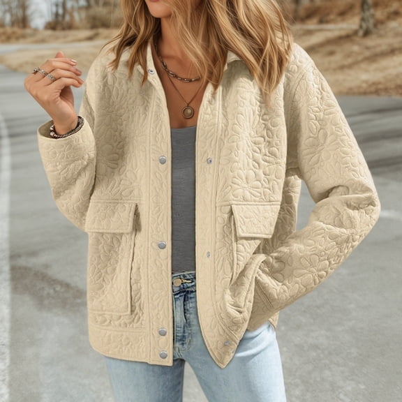 CUZIBR Women Casual Jacket Flower Quilted Plus Size Long Sleeve Breasted Lapel Double Solid Color Tops With Pocket Loose Fit Outwear,White,L