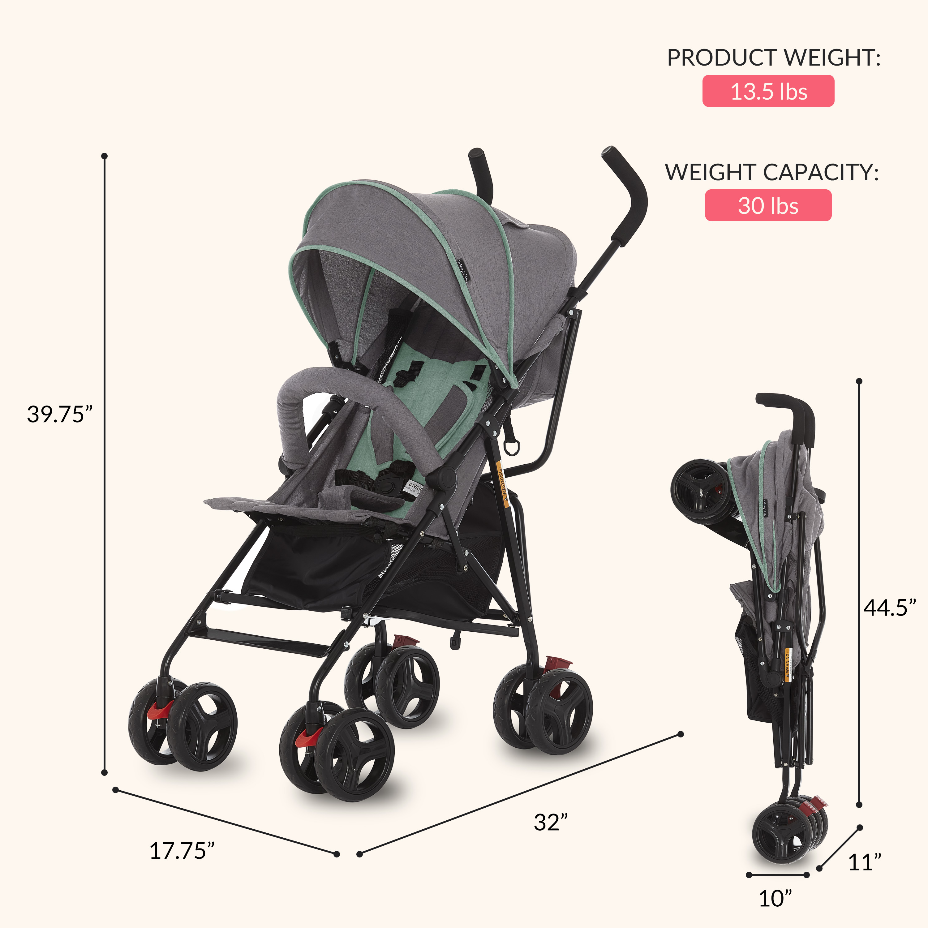 Dream On Me Vista Moonwalk Stroller, Lightweight Infant Stroller with Compact Fold, Multi-Position Recline, Canopy with Sun Visor, Perfect for Traveling and Theme Parks, Mint