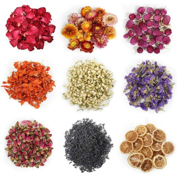 9 Bags Dried Flowers Set,Lily,Myosotis,Lavender,Mint Leaf,Rose Petal,Rose Bud,Gomphrena,Chrysanthemum,Lemon,Natural Dried Flowers Herbs Kit for Candle Making Soap Making By HXRH