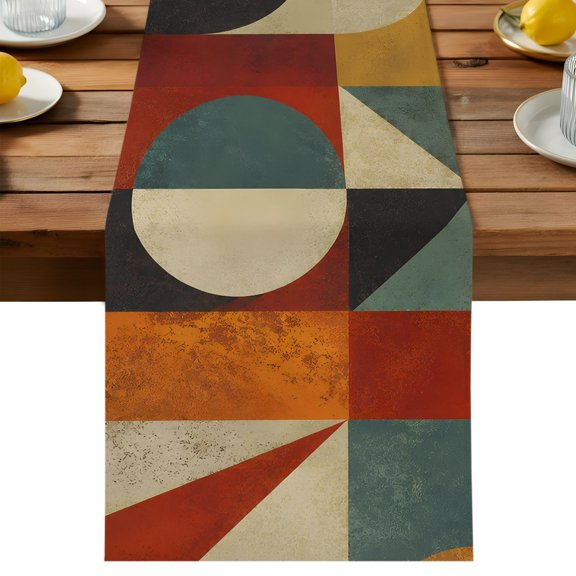 Semicircle Block Table Runner, Retro Abstract Geometric Boho Red Brown Green Cotton Linen Table Cloth, Tablerunner for Kitchen Dining Party Wedding Home Decor 13x36 Inch