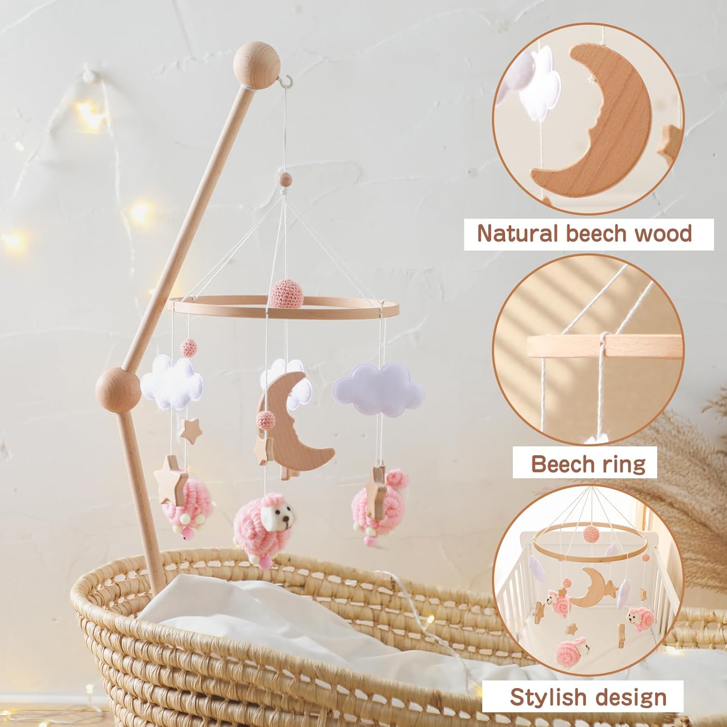 Wooden Baby Crib Mobile – Montessori-Inspired Nursery Decor with Soft Neutral Tones, Handcrafted Hanging Toy for Newborns 0-6 Months, Calming Visual & Sound Stimulation Gift​