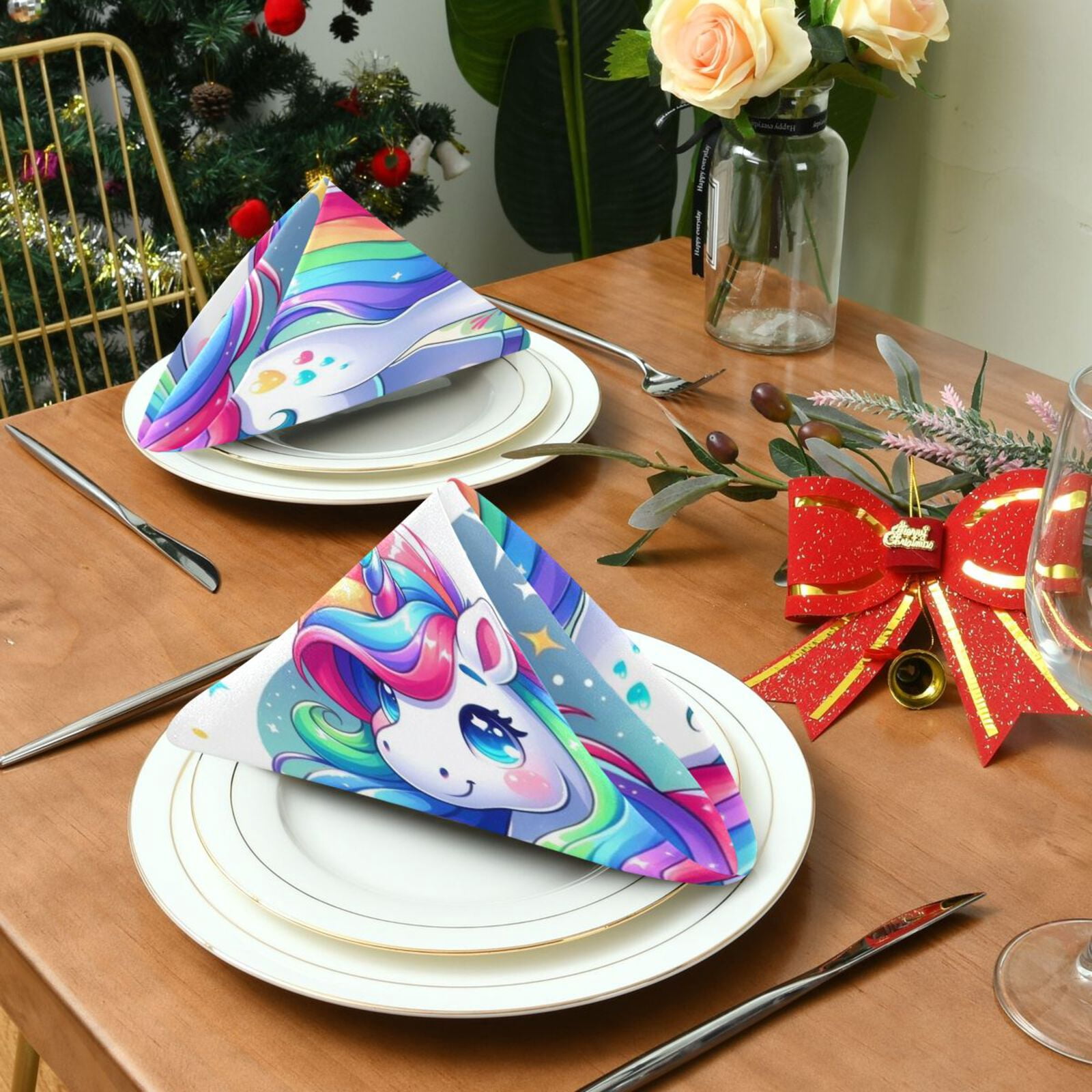JSTEL Rainbow Unicon Stars Cartoon Cloth Napkins Set of 6, 20x20 Inch Washable and Reusable Napkin for Decoupage Dinner Party Everyday Use