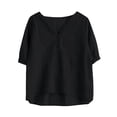 thumbnail image 5 of WREESH Women's Henley Shirts Solid Color Cotton and Linen with Embroidery Detail Short Sleeve V-Neck Top Black, 5 of 5