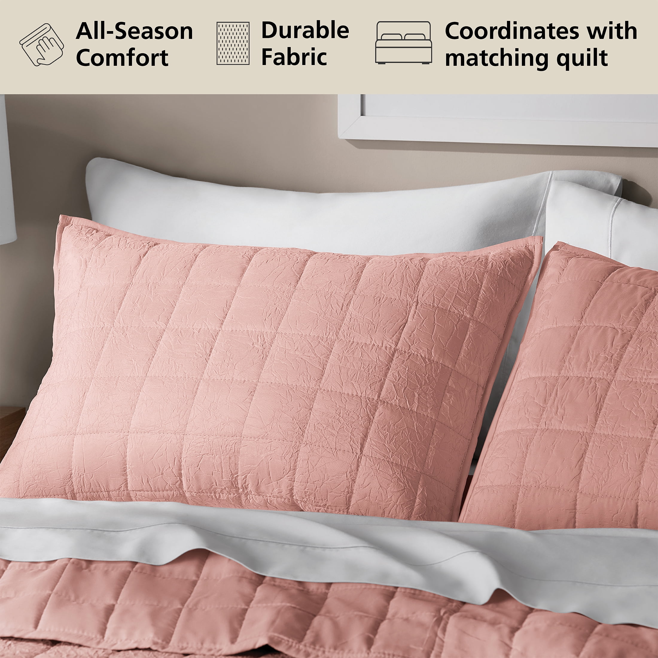 Mainstays Crinkle Pillow Sham, Standard, Pink Blush, 1 Pack