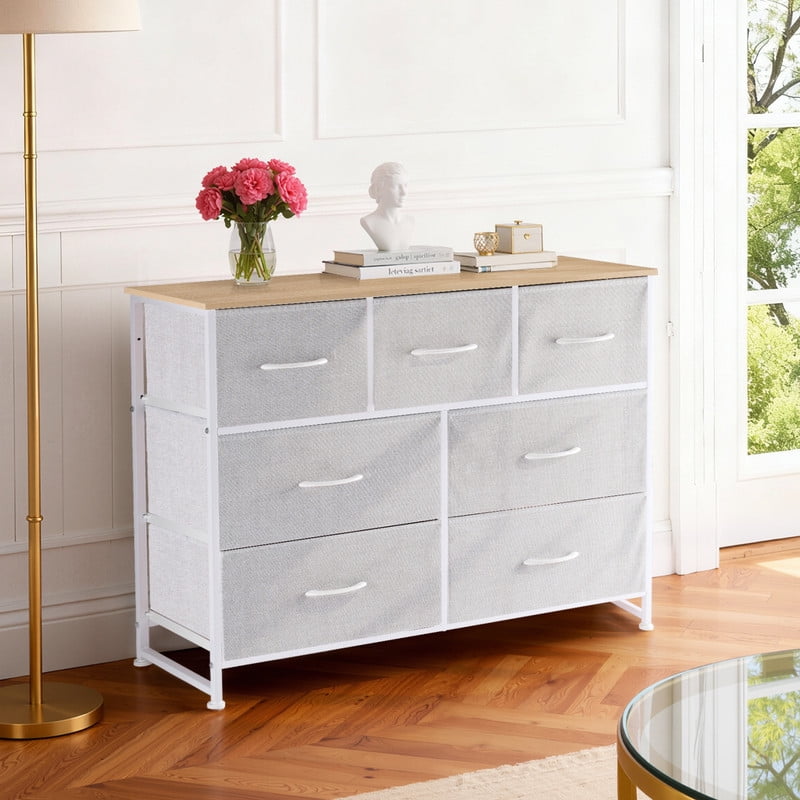 Simenmax 7 Drawer Dresser for Bedroom, Fabric Storage Dresser for Bedroom, Wood and Metal Dresser TV Stand for Living Room, Entryway Light Gray