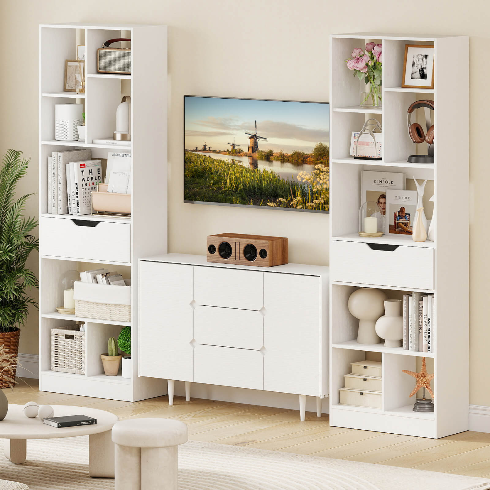Costway 1 PCS 61” Bookcase with Drawer, 8 Open Cubes, Anti-toppling Kits for Living Room, Study White