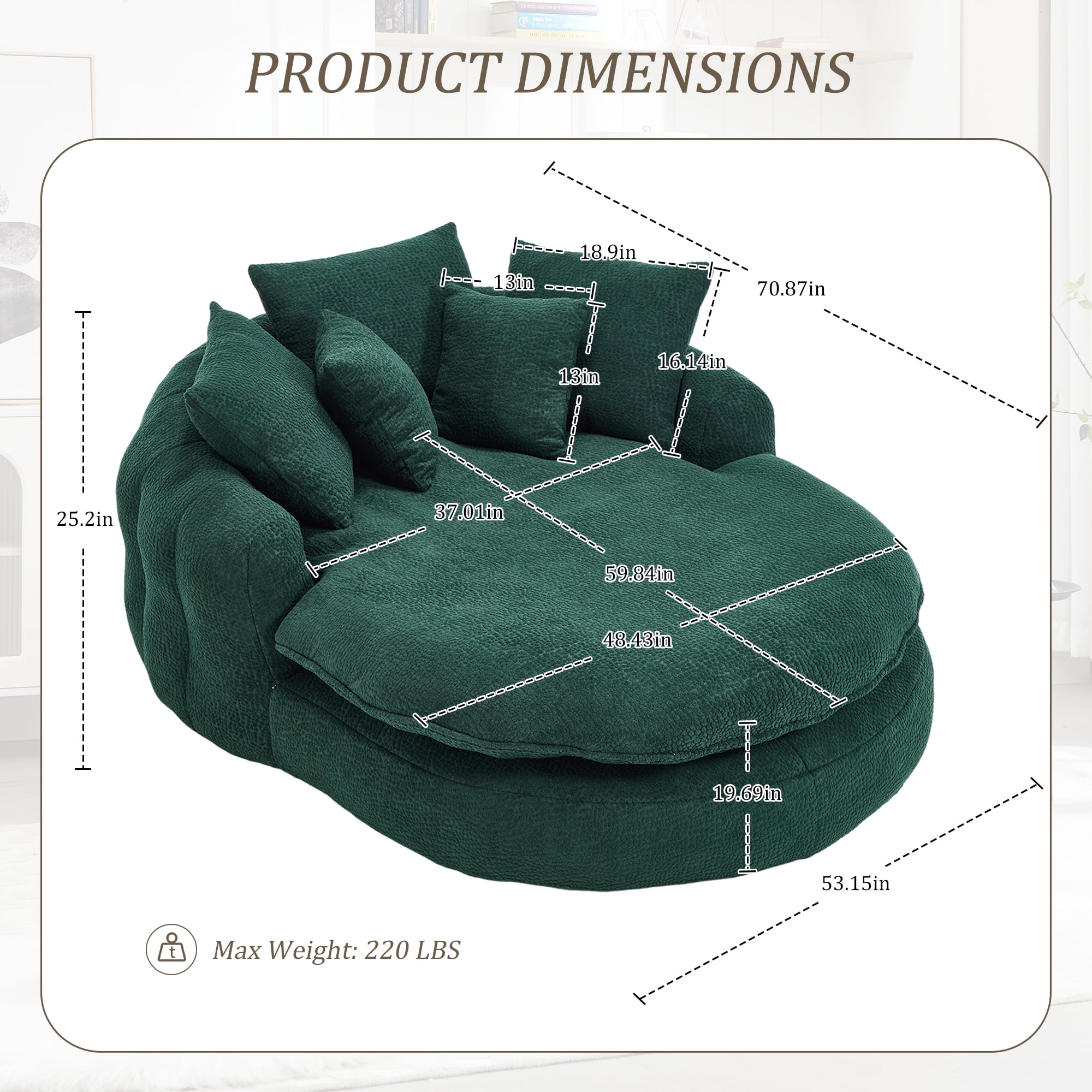 MOONMISS Chenille Upholstered Oversized Wrap Around Deep Seat Bean Bag Lazy Sofa with 5 Pillows-Emerald