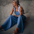thumbnail image 5 of Monos de pierna ancha para mujer, Peto vaquero azul, holgado, a la moda, de cintura alta, con bolsillos, novedad de verano, 5 of 5