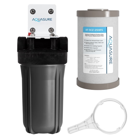 Aquasure Fortitude V2 Series Triple Purpose Sediment/Carbon/Zinc Bacteria Inhibiting Water Treatment Filter System, Small Size (AS-FS-25SCZ)