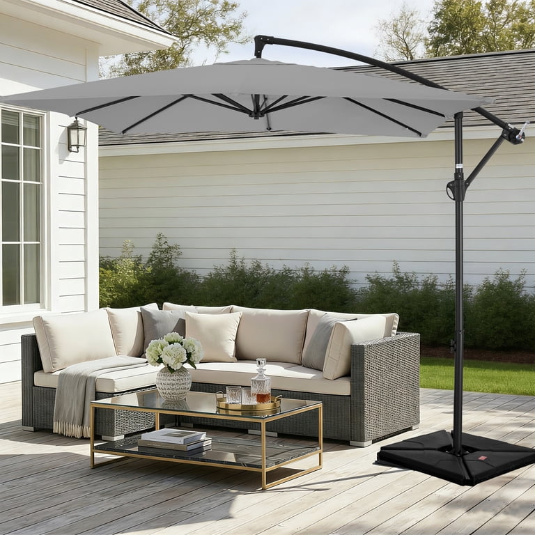 light gray patio umbrella MASTERCANOPY 9ft with Tilt & Crank, The cantilever umbrella has an umbrella base made of resin Westin Outdoor 10 Gray/White Striped