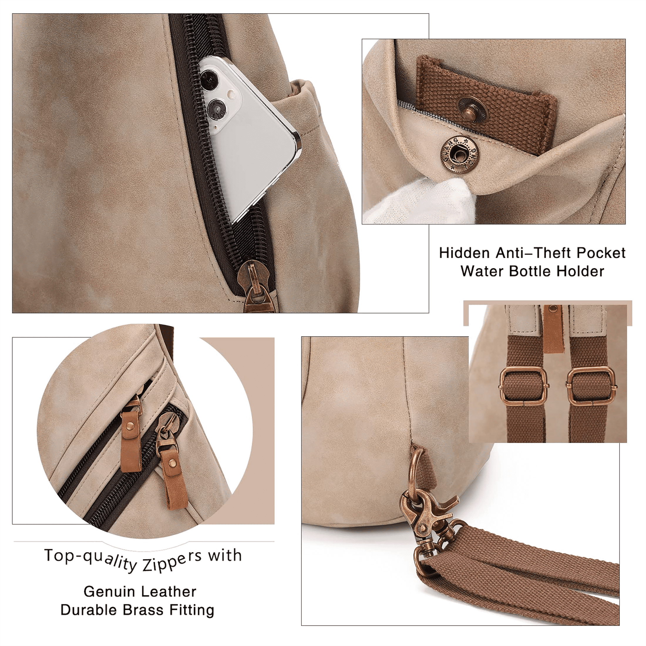 KL928 PU Leather Sling Bag Small Crossbody Backpack Shoulder Casual Daypack Rucksack for Men Women (Khaki)