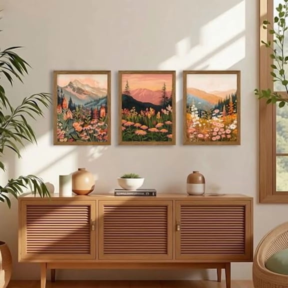 Colorful Landscape Boho Canvas Wall Art Set, 3 Piece Wildflower Mountain Wall Decor, Vintage Floral Rustic Nature Artwork Prints for Living Room Bedroom Office 12x16 Inch Wood Framed