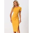 thumbnail image 4 of Unique Bargains Twist Front Dress for Women's Round Neck Short Sleeve Split Sheath Dresses S Yellow, 4 of 6