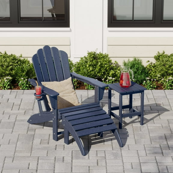 WestinTrends Highland 3-Piece Adirondack Chair with Cup Holder and Folding Ottoman and Table Set, Navy Blue
