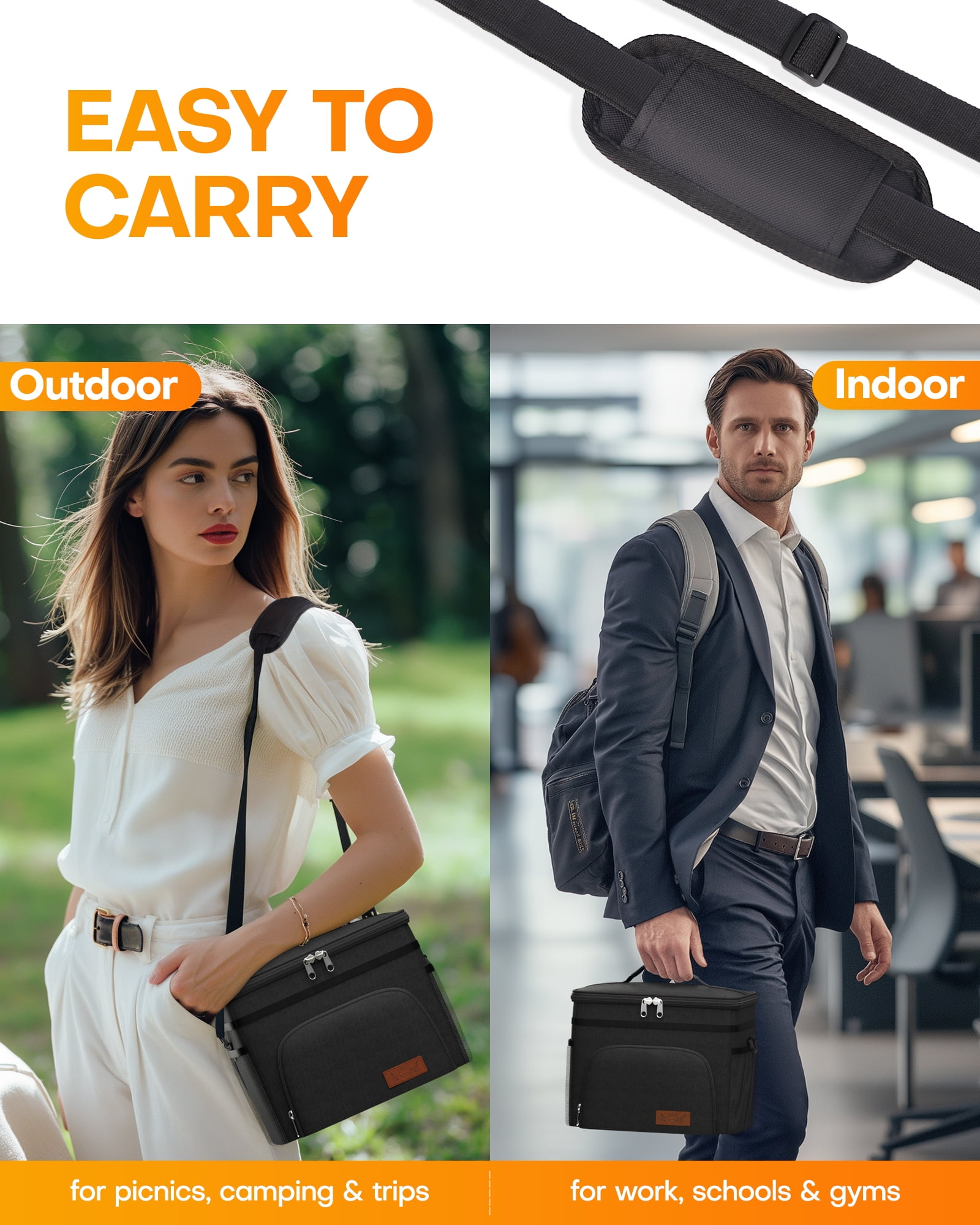 HOTOR Insulated Lunch Box for Men and Women, Portable Soft Cooler Bag with 4 Pockets, Adjustable Shoulder Strap, Black