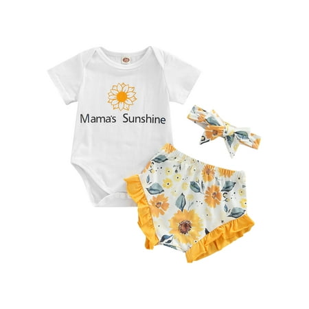 

ZIYIXIN Newborn Baby Girl Summer Outfit Sunflower Short Sleeve Romper Jumpsuit Ruffled Shorts Headband 3Pcs Clothes White 12-18 Months