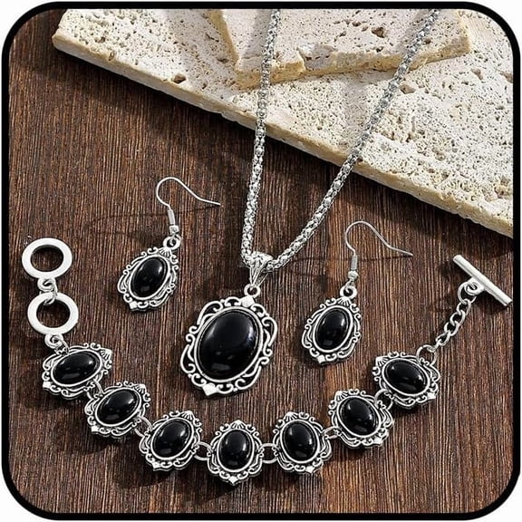 Black Jewelry Sets For Women, Silver Obsidian Necklaces Earrings And Bracelet Retro Bohemia Elegantes Ethnic Style Jewelry Gift