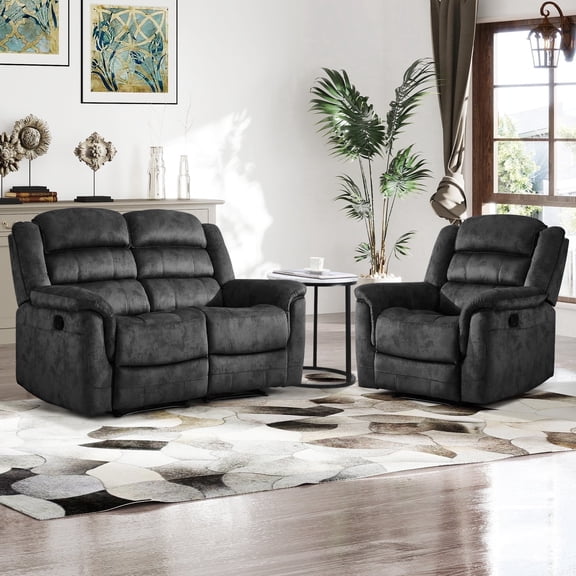Bonzy Home Recliner Sofa Set – Cloth Reclining Living Room Furniture Set with Single Recliner Chair & Loveseat Gray