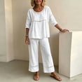 thumbnail image 2 of Morrtic Women's Eyelet Spliced 2 Piece Solid Color Set – Round Neck Half Sleeve Blouse & Wide-Leg Pants, Summer Casual Outfit White，M, 2 of 6
