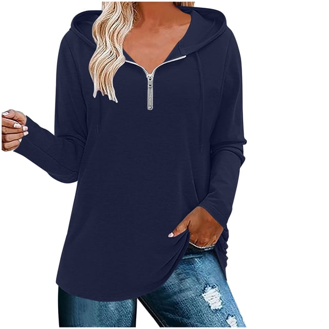 ameIAEA Womens Hoodie Sweatshirt Long Sleeve Drawstring Pullover Tops Solid Color Zipper Shirts