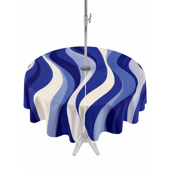 Outdoor Tablecloth with Umbrella Hole and Zipper, Blue Moire Round Table Cloth 54 Inch Waterproof Tablecloth, Classic Modern Abstract Art Elegant Picnic Table Cover for Patio Camping