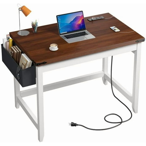 GHooa 32 Inch Small Desk with Detachable Storage Bag, Modern Simple Computer Desk with Power Outlet, Study Writing Table for Small Spaces, Study Desks for Bedroom, Brown & White