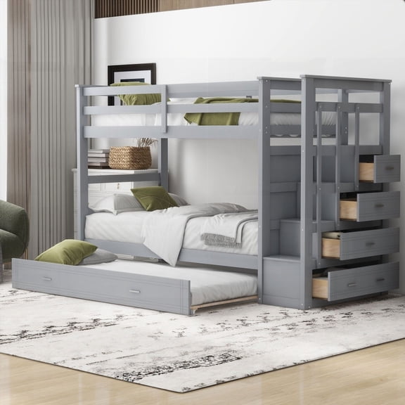 Twin Over Twin Bunk Bed in Gray - Maximizes Space with Trundle!