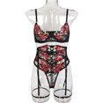thumbnail image 1 of Conjunto sexy de tres piezas con bordado de flores de amor y costura artesanal pesada para mujer, 1 of 6