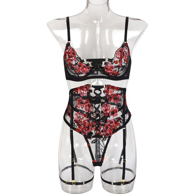 Conjunto sexy de tres piezas con bordado de flores de amor y costura artesanal pesada para mujer