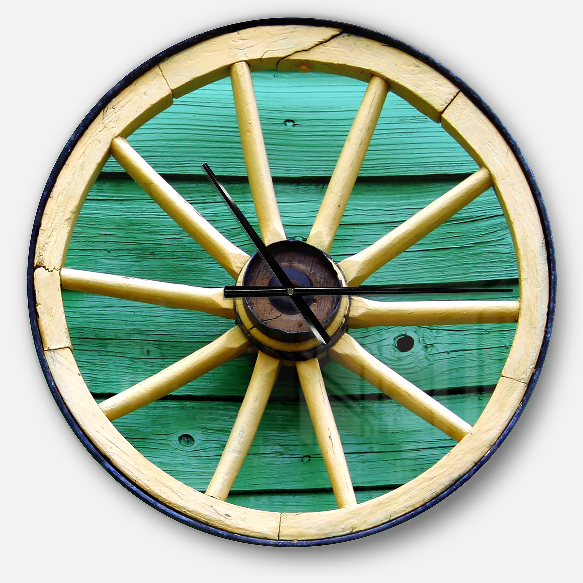 Designart 'Antique Wagon Wheel on Turquoise Wood ' Farmhouse wall clock