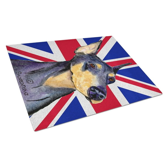Caroline's Treasures Doberman with English Union Jack British Flag Glass Cutting Board Large Size