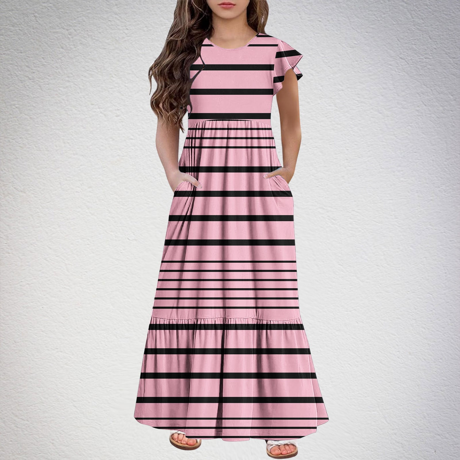 2 Pack 2025 Girls Dresses with Pockets 6-12 Years Kids Ruffle Short Sleeve Trendy Stripe Printed Crewneck Going Out Long Maxi Dress