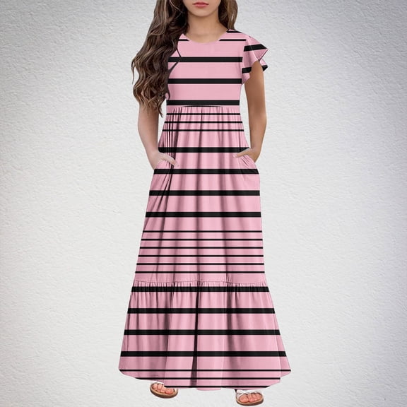 2025 Girls Dresses with Pockets 6-12 Years Kids Ruffle Short Sleeve Trendy Stripe Printed Crewneck Going Out Long Maxi Dress