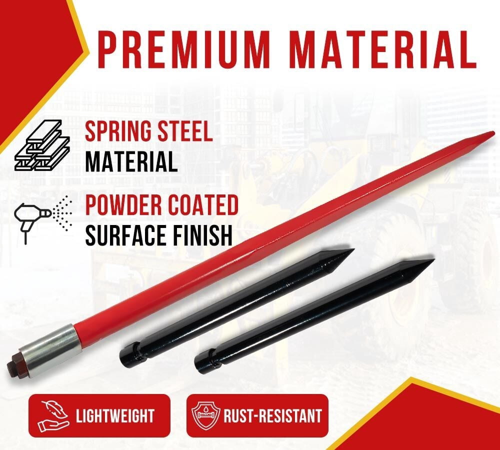 49" Hay Bale Spear with 17" Stabilizer Attachment (Pair) - Quick Attach Bale Forks Attachment for Tractors, Skid Steer, Loaders & Telehandlers, Cranes