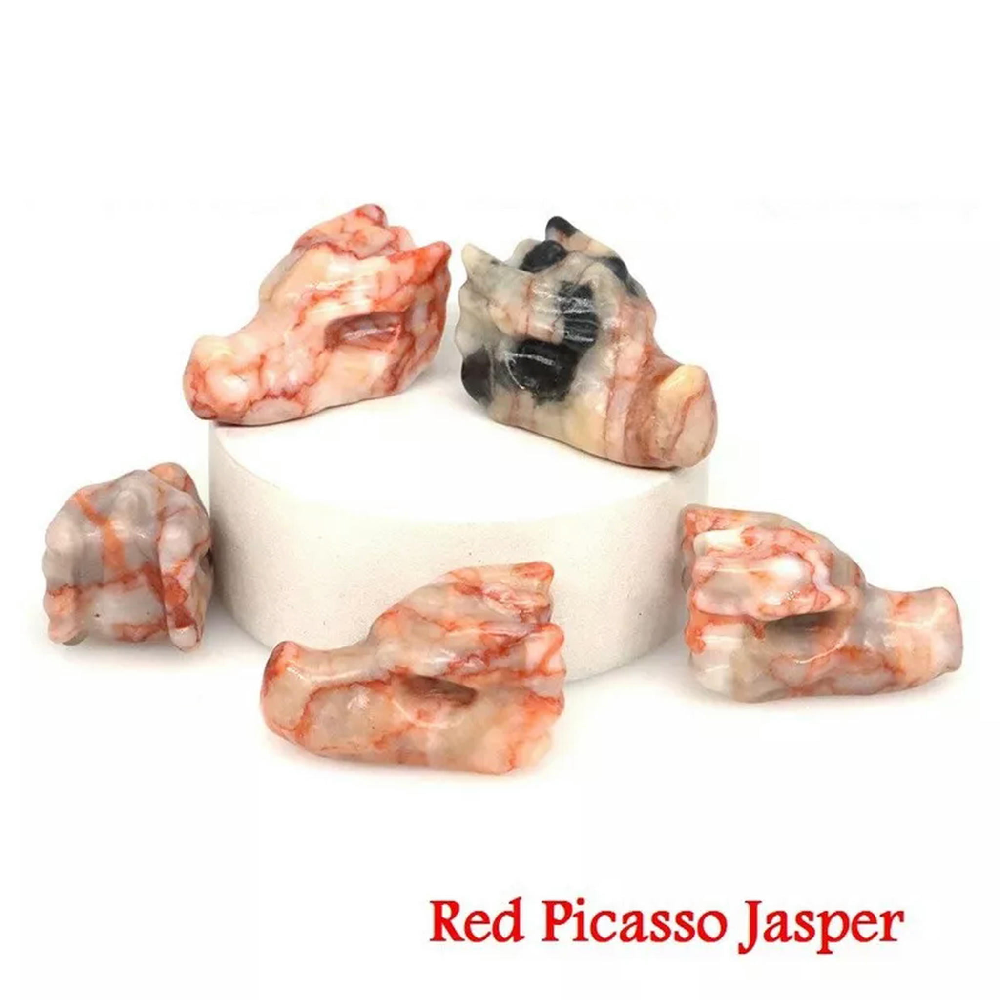EOEMY 5Pcs Natural Red Picasso Jasper Quartz Crystal Dragon Head Skeleton Carved Decor