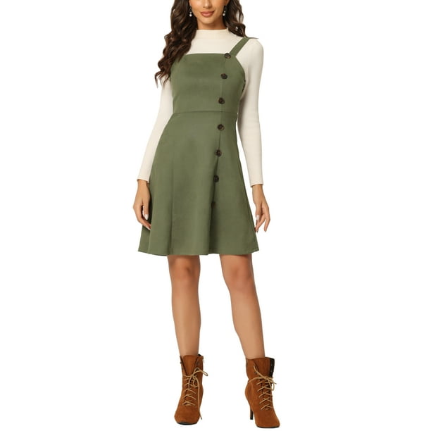 Vestido de tirantes mini A-line de imitación de ante para mujer con botones decorativos en verde militar