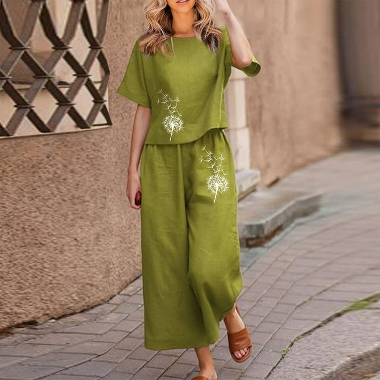 Pant Suits for Women Dressy Elegant Linen Sets For Women 2 Piece Ladies Cotton Short Sleeve Printed Blouse Loose Cropped Pants Two Piece Suit Pant