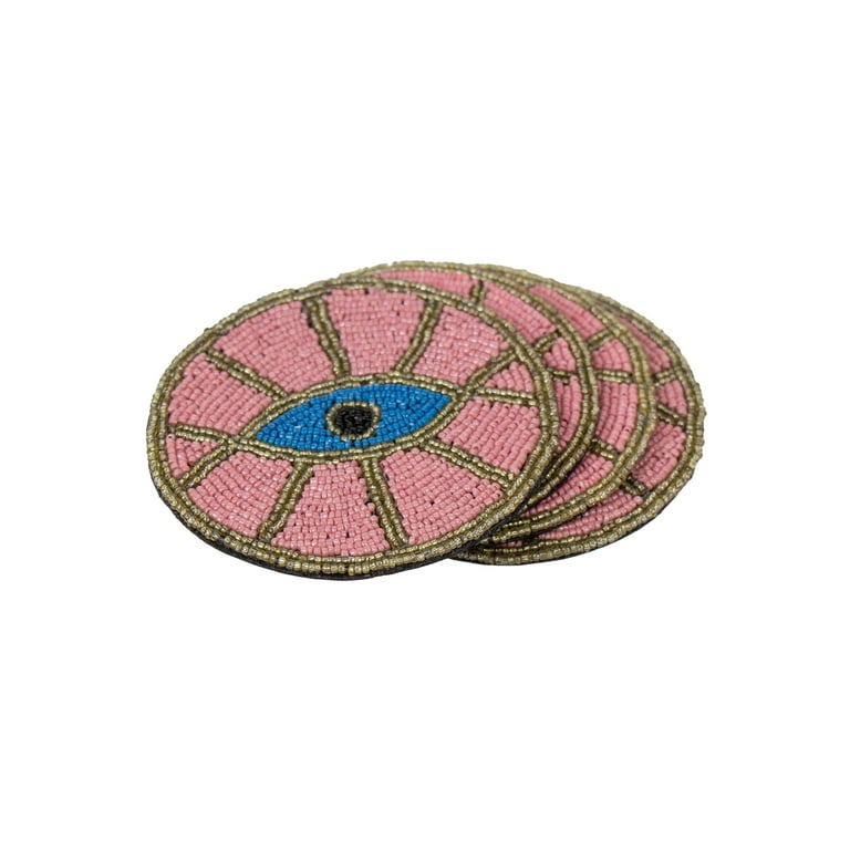 Pink Evil Eye Hand Embroidered Glass Bead Coasters, Set of 4 - Gifts With  Humanity