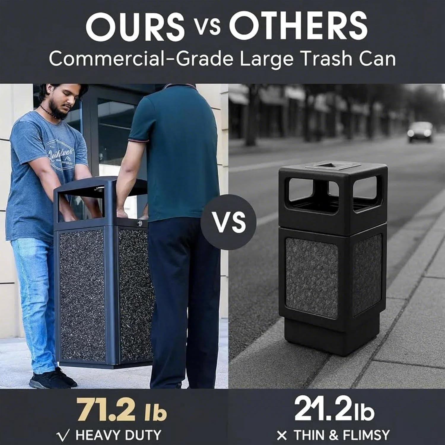 BERPET 15 Gallon Commercial Outdoor Trash Can with Ashtray Top, Steel Waste Receptacle with Stone Panels, Removable Liner and Locking Door